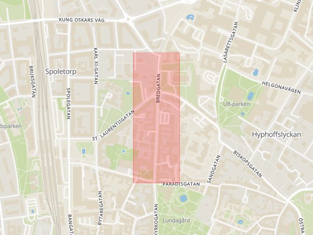 Karta som med röd fyrkant ramar in Bredgatan, Lund, Skåne län
