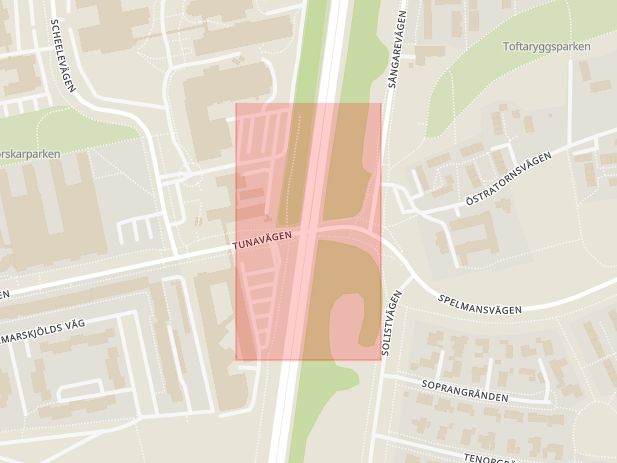 Karta som med röd fyrkant ramar in Tunavägen, Spelmansvägen, Lund, Skåne län
