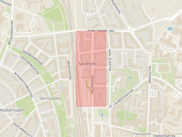 Karta som med röd fyrkant ramar in Spolegatan, Lund, Skåne län