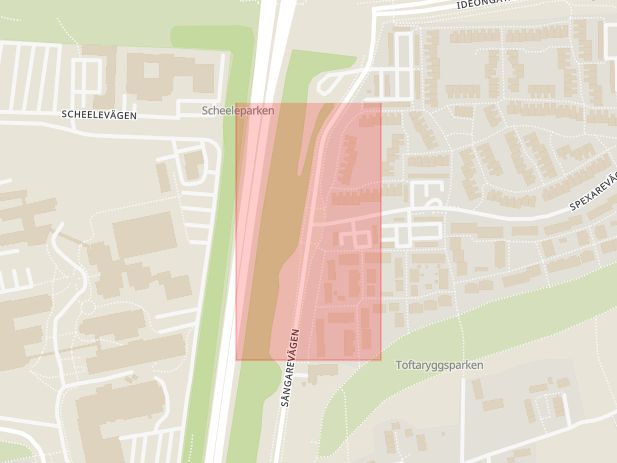 Karta som med röd fyrkant ramar in Sångarevägen, Spexarevägen, Lund, Skåne län
