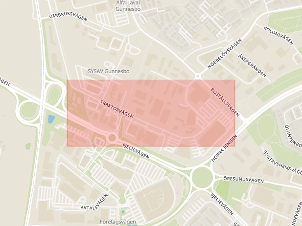 Karta som med röd fyrkant ramar in Gunnesbo, Traktorvägen, Lund, Skåne län