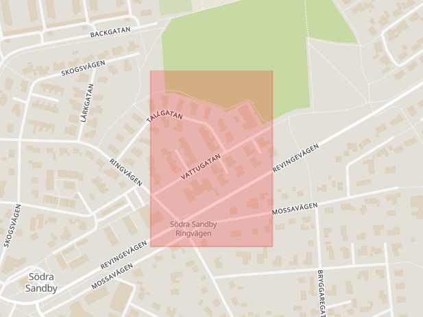 Karta som med röd fyrkant ramar in Södra Sandby, Vattugatan, Lund, Skåne län