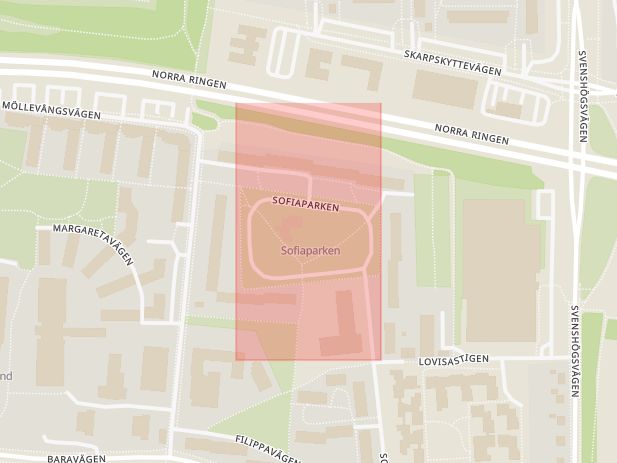 Karta som med röd fyrkant ramar in Sofiaparken, Malmö, Skåne län
