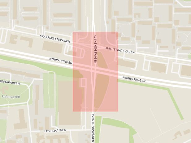 Karta som med röd fyrkant ramar in Norra Ringen, Svenshögsvägen, Delfinvägen, Lund, Skåne län