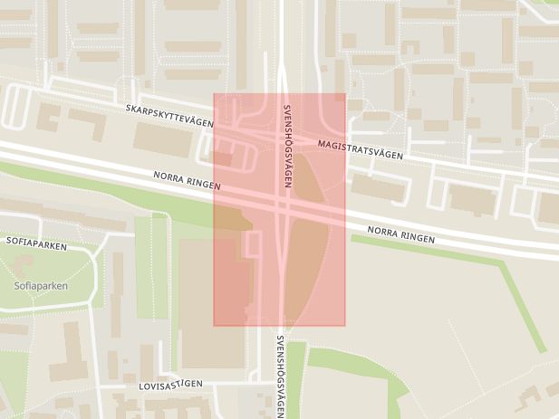 Karta som med röd fyrkant ramar in Norra Ringen, Svenshögsvägen, Lund, Skåne län
