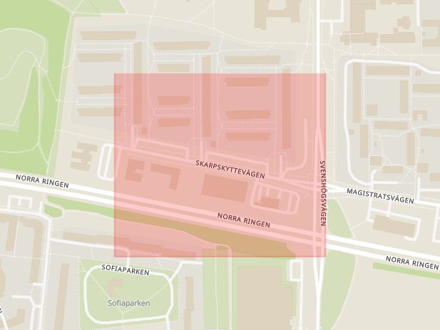 Karta som med röd fyrkant ramar in Skarpskyttevägen, Lund, Skåne län