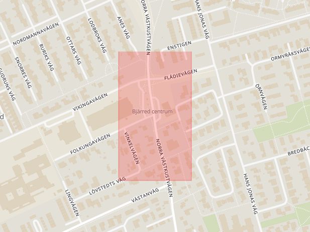 Karta som med röd fyrkant ramar in Bjärred, Folkungavägen, Västkustvägen, Lomma, Skåne län