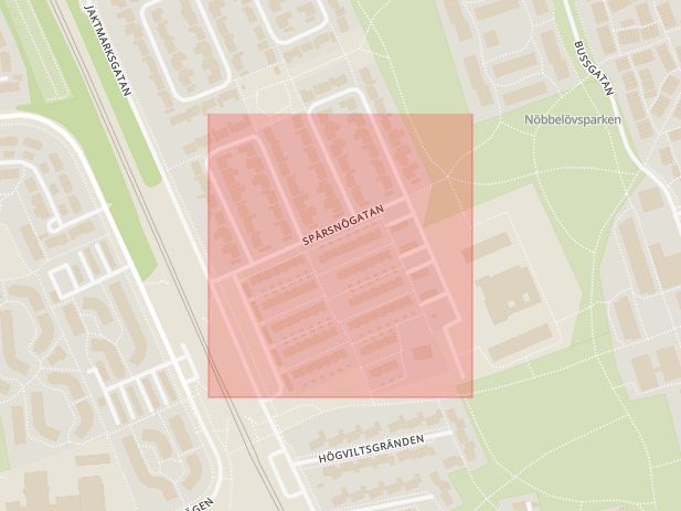 Karta som med röd fyrkant ramar in Spårsnögatan, Lund, Skåne län