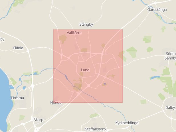 Karta som med röd fyrkant ramar in Lund, Inges, Markaryd, Skåne län
