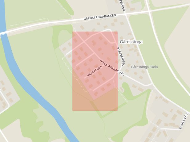Karta som med röd fyrkant ramar in Vassvägen, Eslöv, Skåne län
