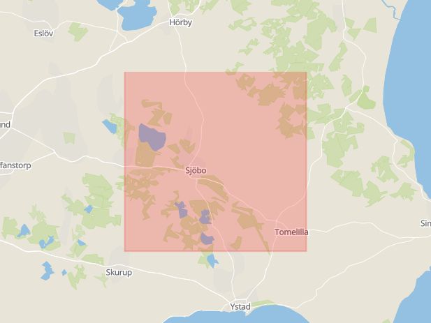 Karta som med röd fyrkant ramar in Sjöbo, Skåne län