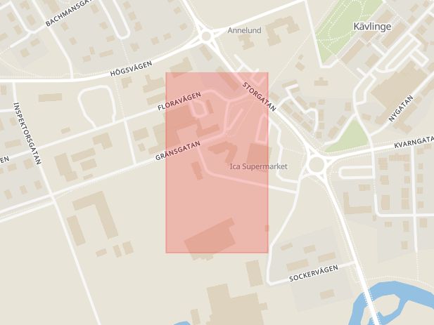 Karta som med röd fyrkant ramar in Köpmansgatan, Kävlinge, Skåne län