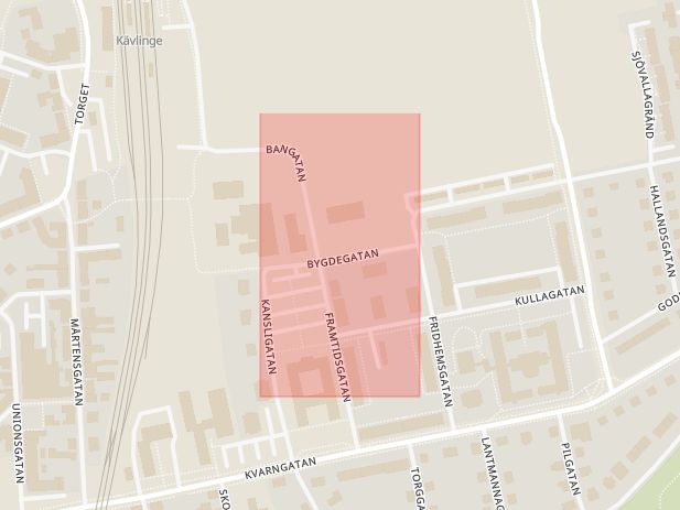 Karta som med röd fyrkant ramar in Bygdegatan, Kävlinge, Skåne län