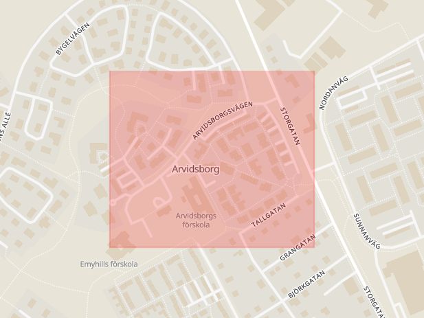 Karta som med röd fyrkant ramar in Arvidsborgsvägen, Kävlinge, Skåne län