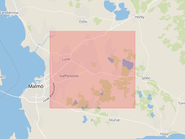 Karta som med röd fyrkant ramar in Lunds Kommun, Lund, Skåne län