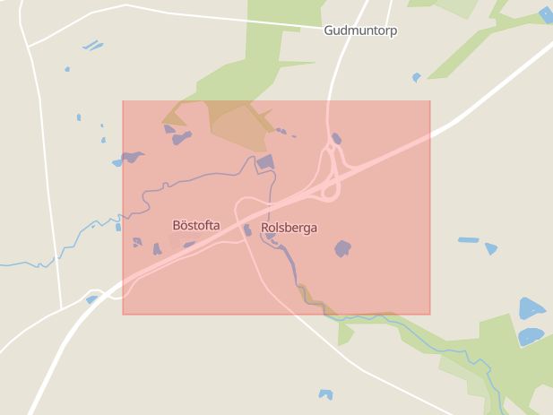 Karta som med röd fyrkant ramar in Fogdarp, Hörby, Trafikplats Rolsberga, Höör, Skåne län