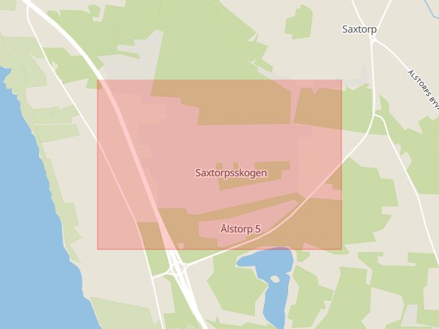 Karta som med röd fyrkant ramar in Saxtorpsskogen, Häljarp, Landskrona, Skåne län