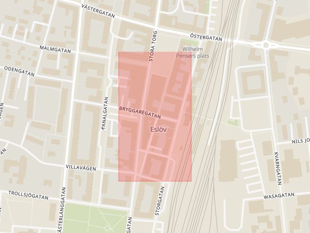 Karta som med röd fyrkant ramar in Köpmansgatan, Eslöv, Skåne län