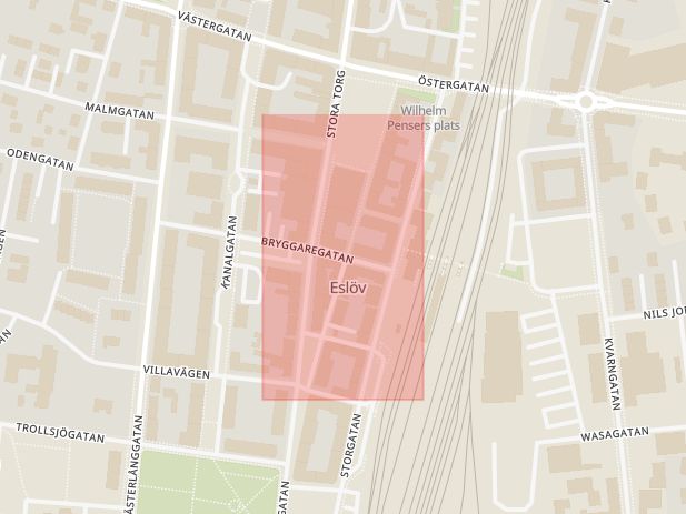 Karta som med röd fyrkant ramar in Köpmansgatan, Eslöv, Skåne län