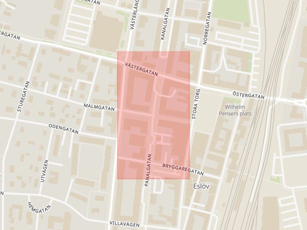 Karta som med röd fyrkant ramar in Malmgatan, Kanalgatan, Eslöv, Skåne län