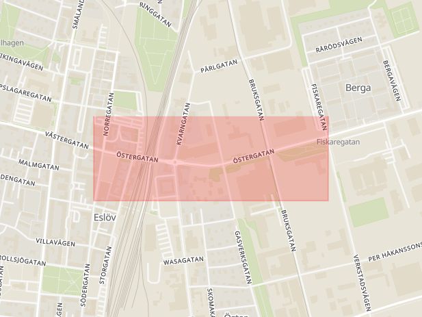 Karta som med röd fyrkant ramar in Östergatan, Eslöv, Skåne län