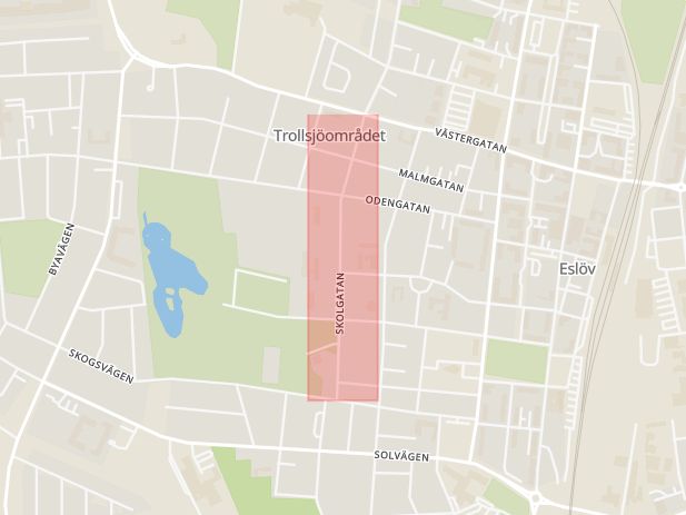 Karta som med röd fyrkant ramar in Skolgatan, Eslöv, Skåne län