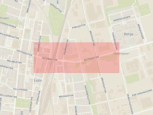 Karta som med röd fyrkant ramar in Östergatan, Eslöv, Skåne län