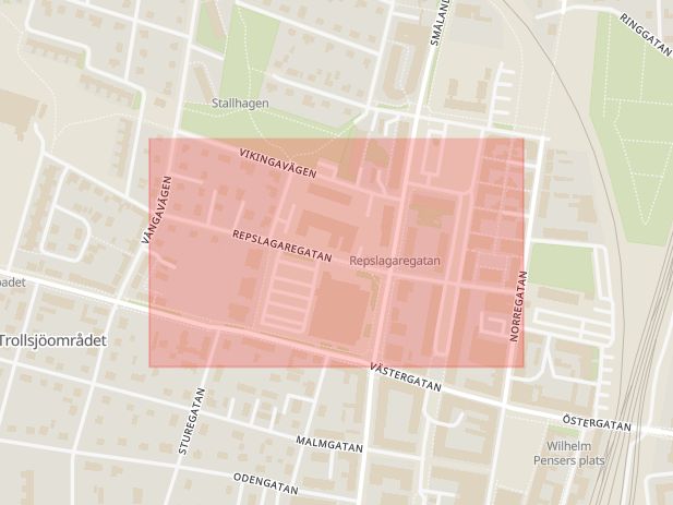Karta som med röd fyrkant ramar in Repslagaregatan, Eslöv, Skåne län