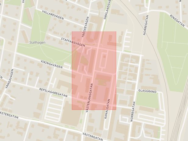Karta som med röd fyrkant ramar in Västerlånggatan, Föreningstorget, Eslöv, Skåne län