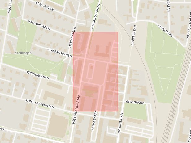 Karta som med röd fyrkant ramar in Föreningstorget, Malmö, Eslöv, Skåne län