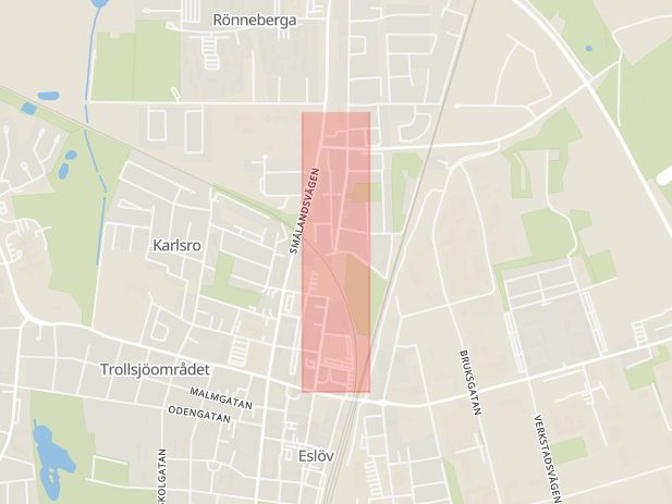 Karta som med röd fyrkant ramar in Norregatan, Eslöv, Skåne län