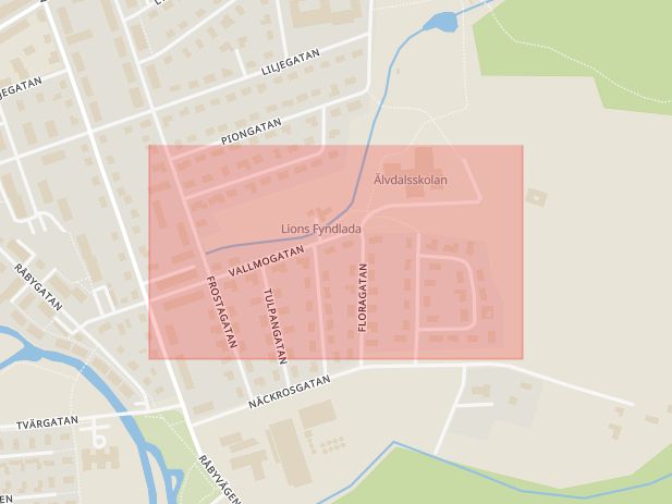 Karta som med röd fyrkant ramar in Vallmogatan, Hörby, Skåne län