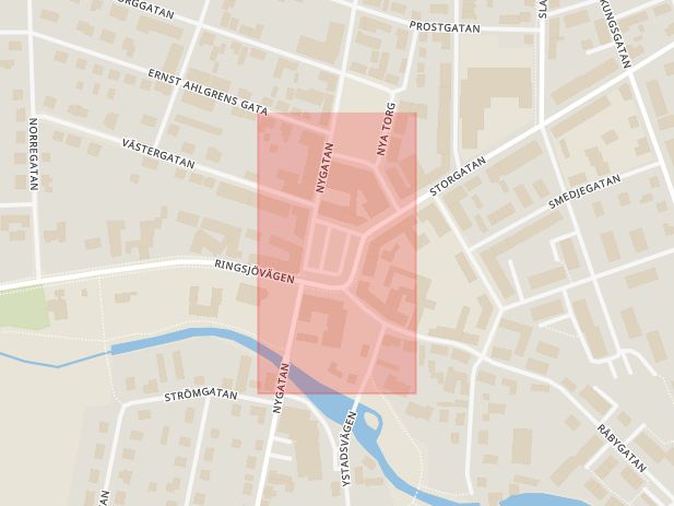 Karta som med röd fyrkant ramar in Gamla Torg, Hörby, Skåne län
