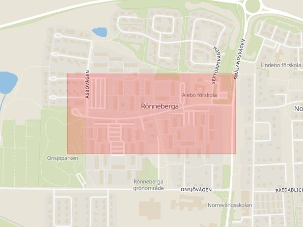 Karta som med röd fyrkant ramar in Rönnebergavägen, Eslöv, Skåne län