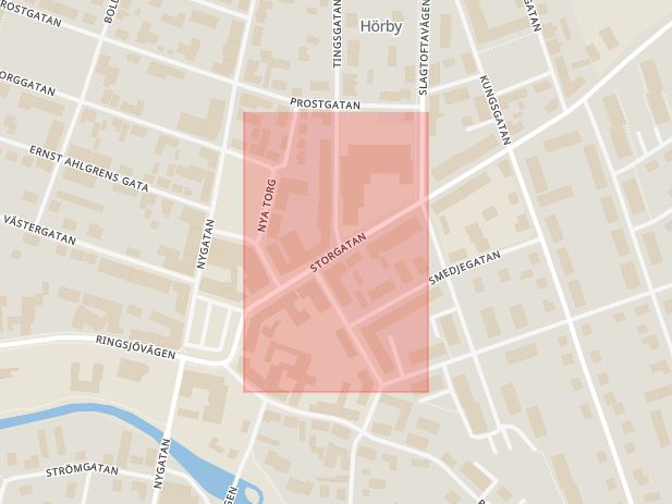 Karta som med röd fyrkant ramar in Storgatan, Hörby, Skåne län