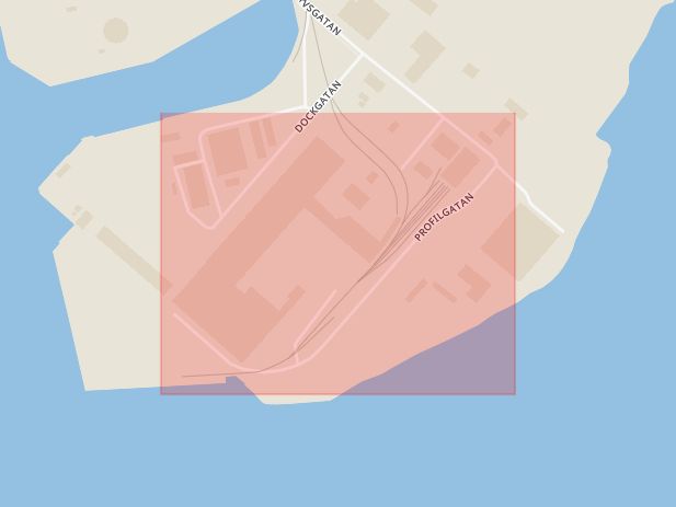 Karta som med röd fyrkant ramar in Profilgatan, Landskrona, Skåne län
