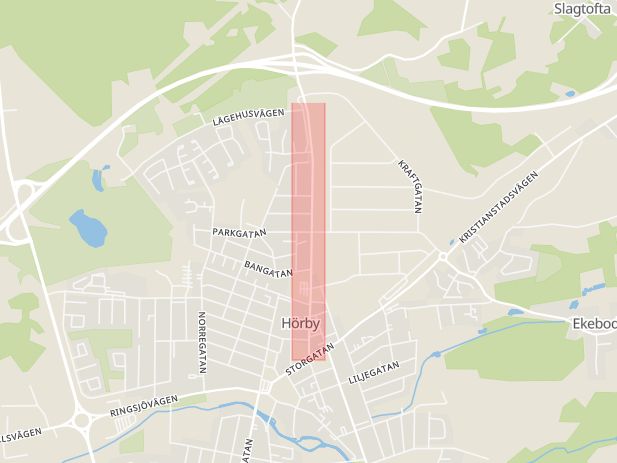Karta som med röd fyrkant ramar in Slagtoftavägen, Hörby, Skåne län