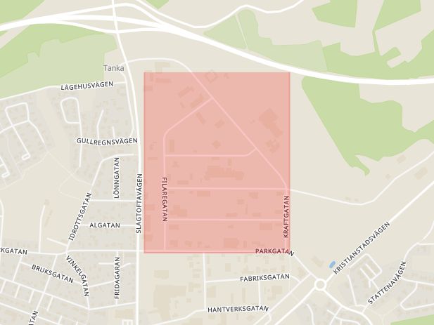 Karta som med röd fyrkant ramar in Kraftgatan, Hörby, Skåne län