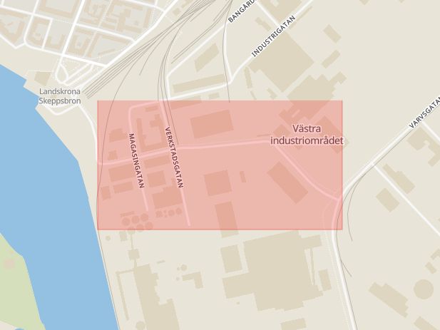 Karta som med röd fyrkant ramar in Andra Tvärgatan, Landskrona, Skåne län