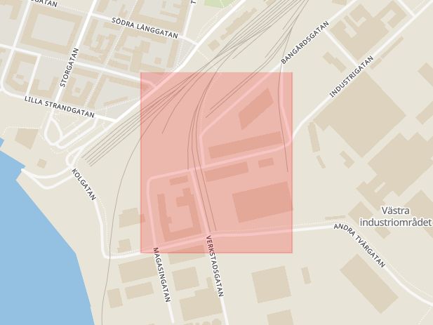 Karta som med röd fyrkant ramar in Första Tvärgatan, Landskrona, Skåne län