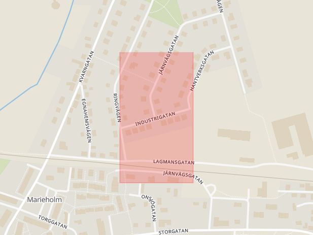 Karta som med röd fyrkant ramar in Industrigatan, Eslöv, Skåne län