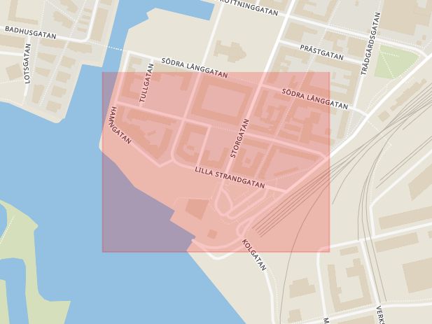 Karta som med röd fyrkant ramar in Lilla Strandgatan, Landskrona, Skåne län