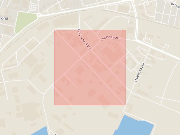 Karta som med röd fyrkant ramar in Gasverksgatan, Landskrona, Skåne län