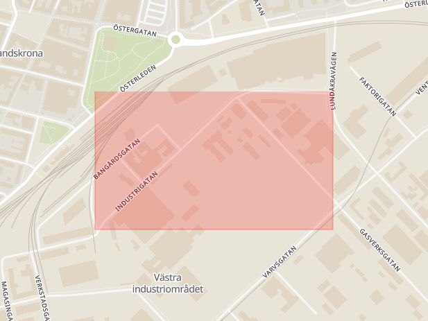 Karta som med röd fyrkant ramar in Industrigatan, Landskrona, Skåne län