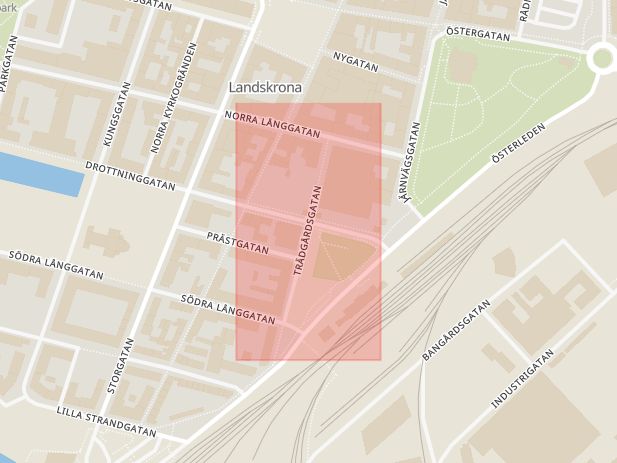 Karta som med röd fyrkant ramar in Trädgårdsgatan, Landskrona, Skåne län