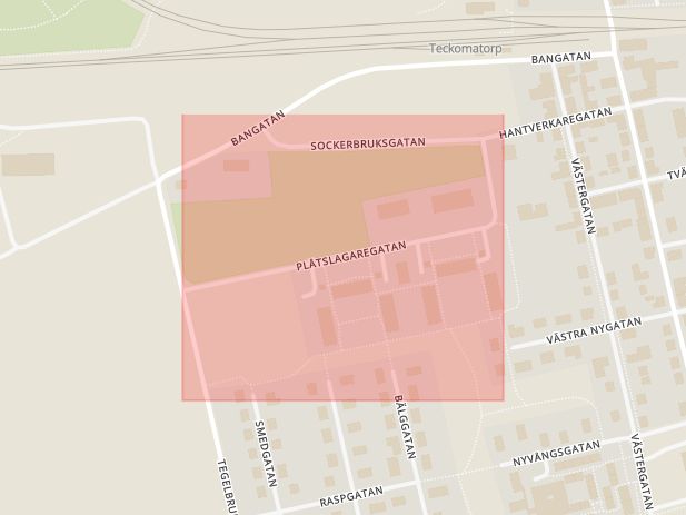 Karta som med röd fyrkant ramar in Teckomatorp, Plåtslagaregatan, Svalöv, Skåne län