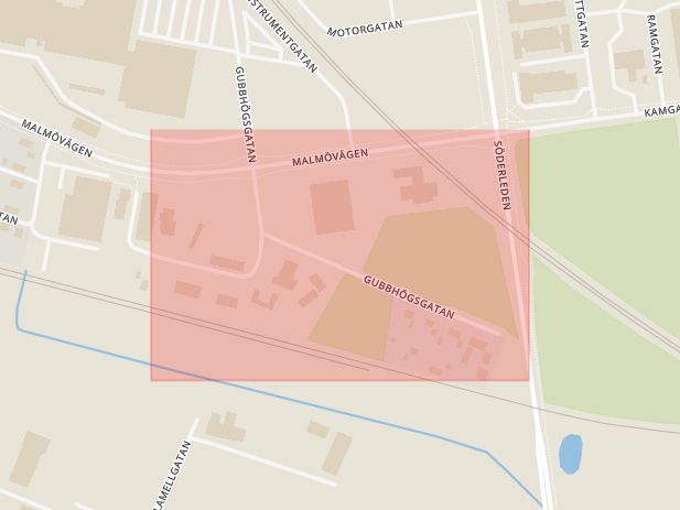 Karta som med röd fyrkant ramar in Gubbhögsgatan, Landskrona, Skåne län