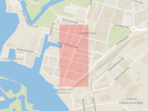 Karta som med röd fyrkant ramar in Storgatan, Landskrona, Skåne län