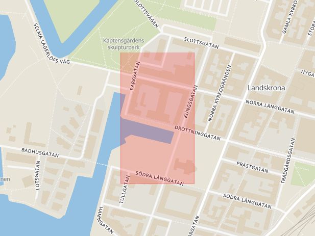 Karta som med röd fyrkant ramar in Stadshuset, Drottninggatan, Landskrona, Skåne län