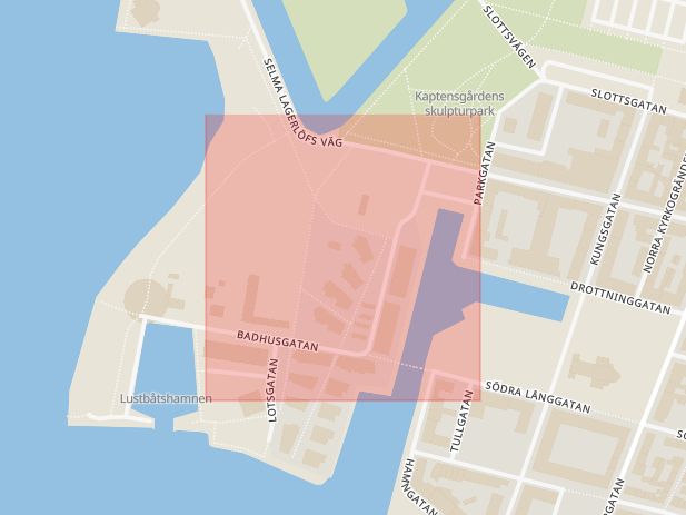 Karta som med röd fyrkant ramar in Badhusgatan, Landskrona, Skåne län